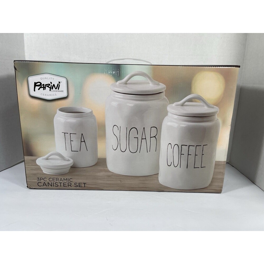 Parini Cookware 3 Piece Ceramic Canister set. Tea, Sugar and Coffee NIB